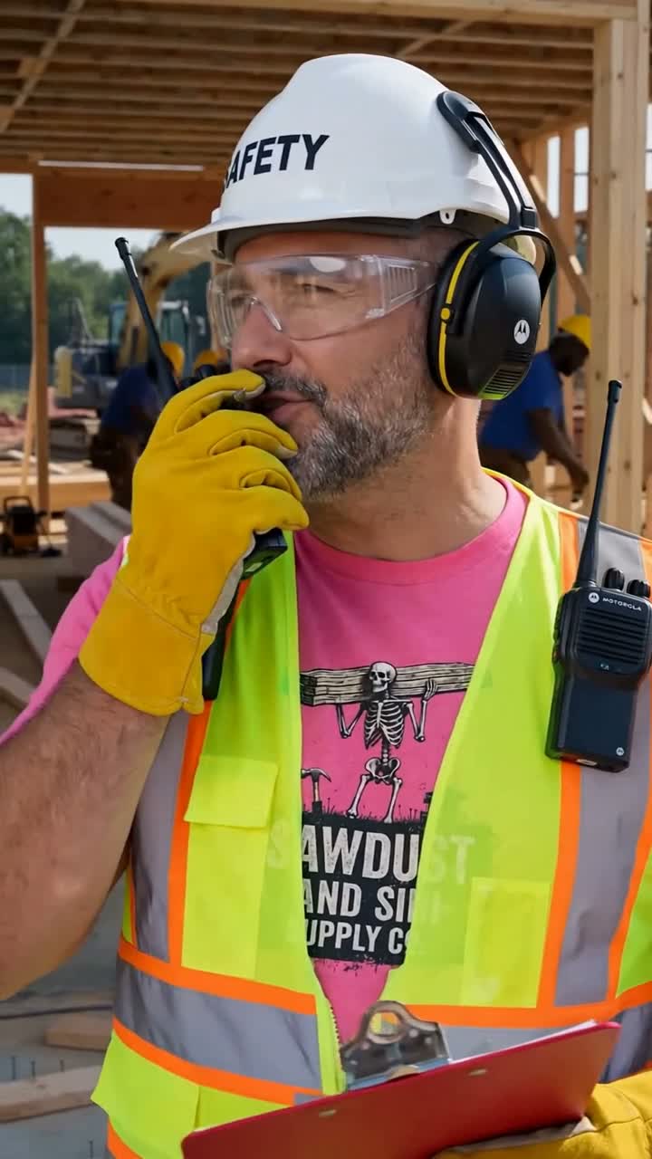 Safety Dave wearing the Sawdust and Sin hi-vis pink tee under his vest, radios on both shoulders