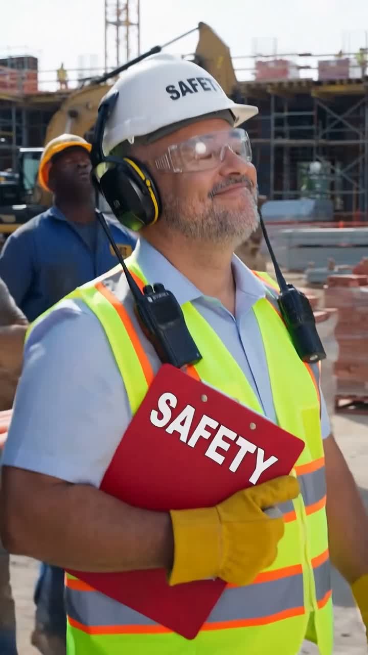 Safety Dave in full gear — SAFETY hard hat, SAFETY clipboard, two walkie-talkies